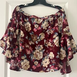 Jealous Tomato Burgundy Floral Off-Shoulder Bell Sleeve Blouse